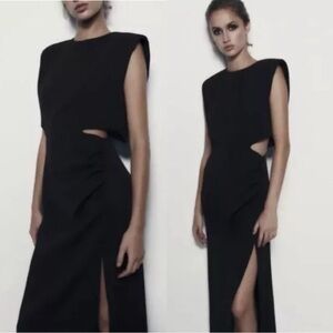 NWT ZARA Cut Out Side Slit SatinNavy Blue Maxi Dress XL